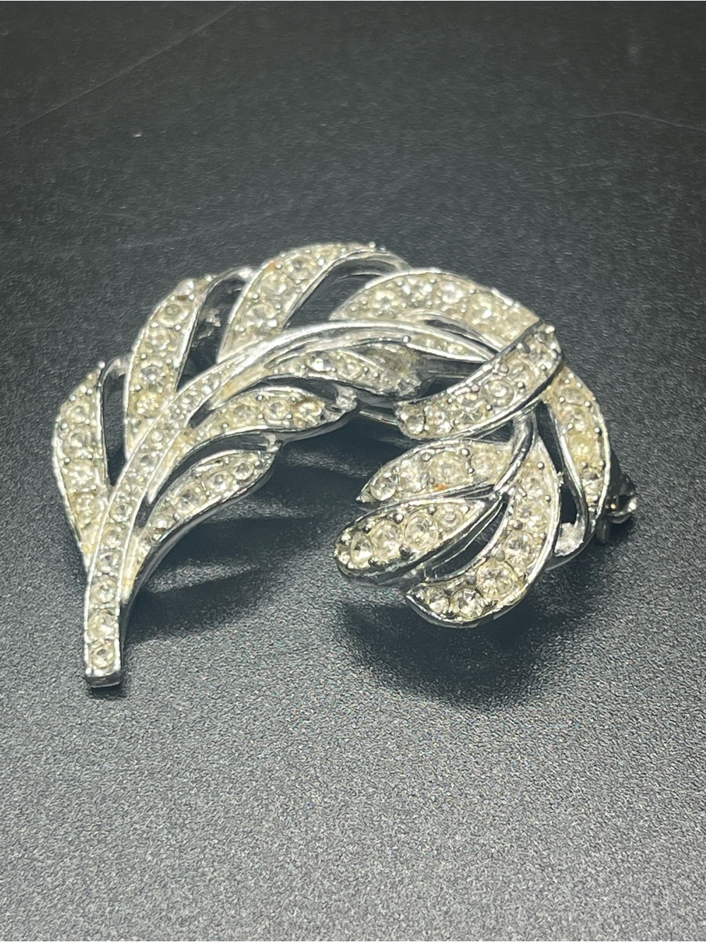 Vintage Lisner Rhinestone Leaf Brooch Silver Tone Signed Mid Century